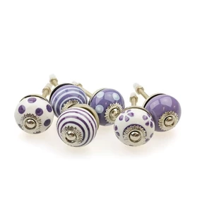 Fehér-lila színű porcelán bútorgomb szettben 6 db